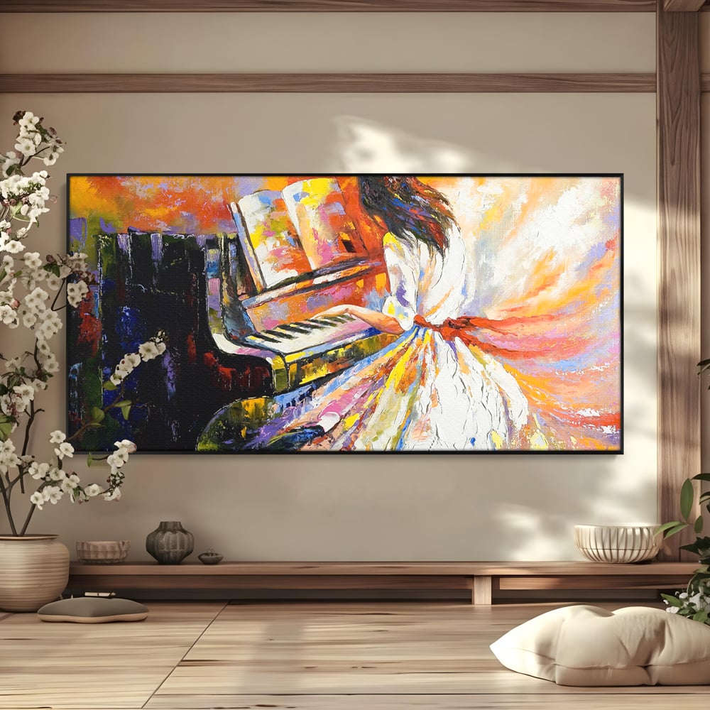Tablou Canvas Premium LuxCanva® B1114, Fata Cantand La Pian , Muzica, Pian, Living, Portativ, Dormitor, Clape, Culori Vibrante