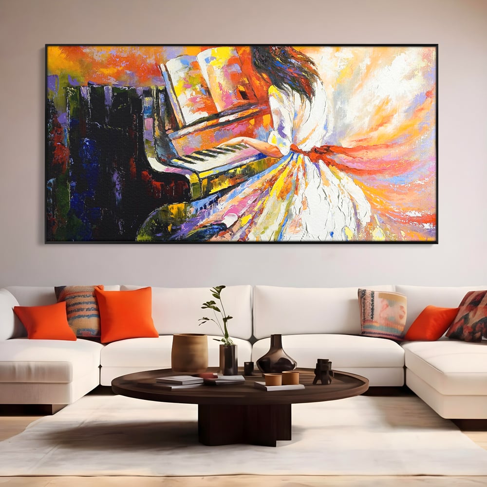 Tablou Canvas Premium LuxCanva® B1114, Fata Cantand La Pian , Muzica, Pian, Living, Portativ, Dormitor, Clape, Culori Vibrante