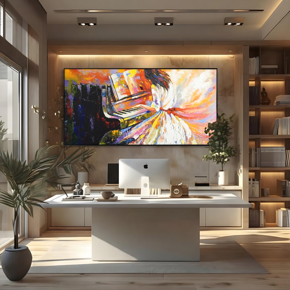 Tablou Canvas Premium LuxCanva® B1114, Fata Cantand La Pian , Muzica, Pian, Living, Portativ, Dormitor, Clape, Culori Vibrante