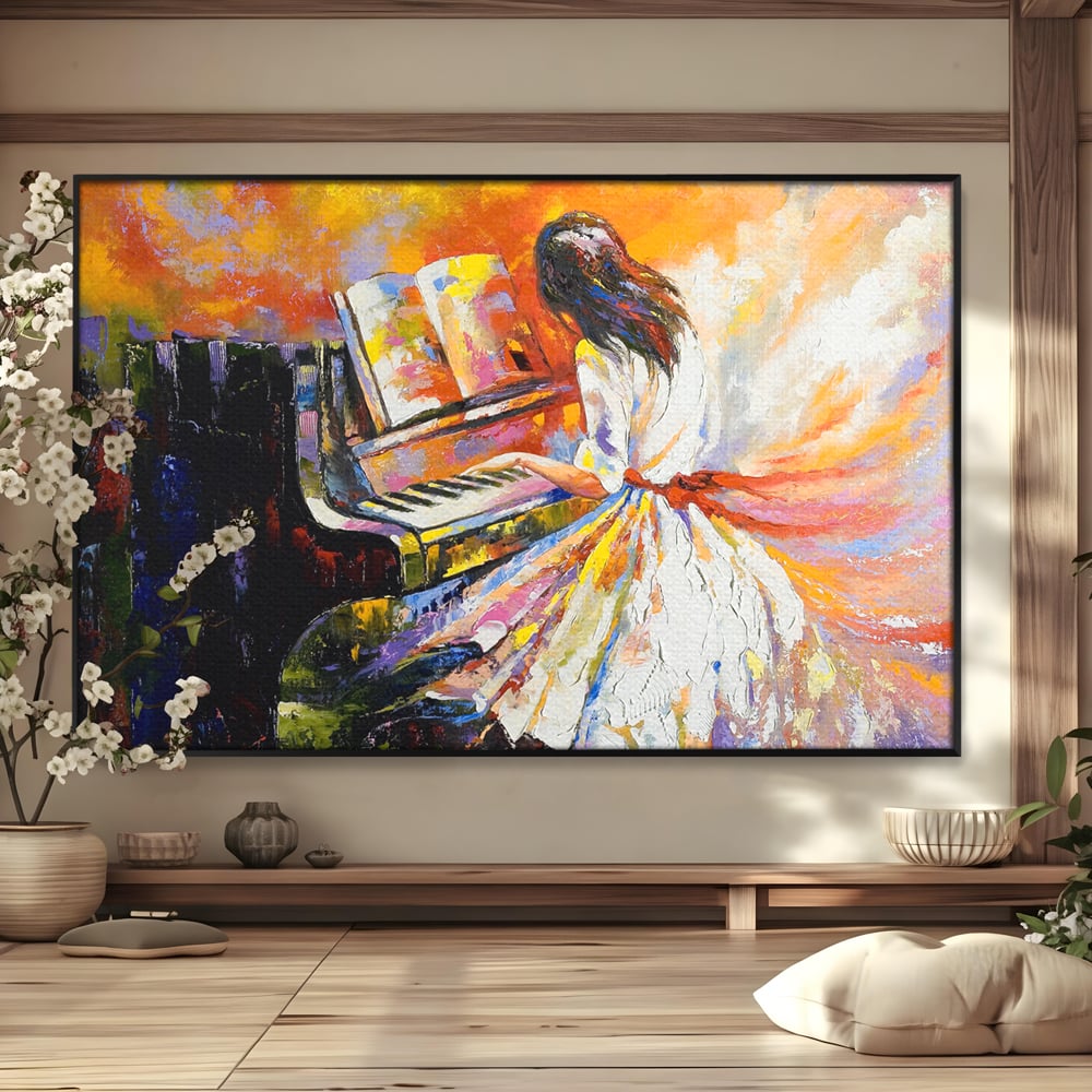 Tablou Canvas Premium LuxCanva® B1114, Fata Cantand La Pian , Muzica, Pian, Living, Portativ, Dormitor, Clape, Culori Vibrante