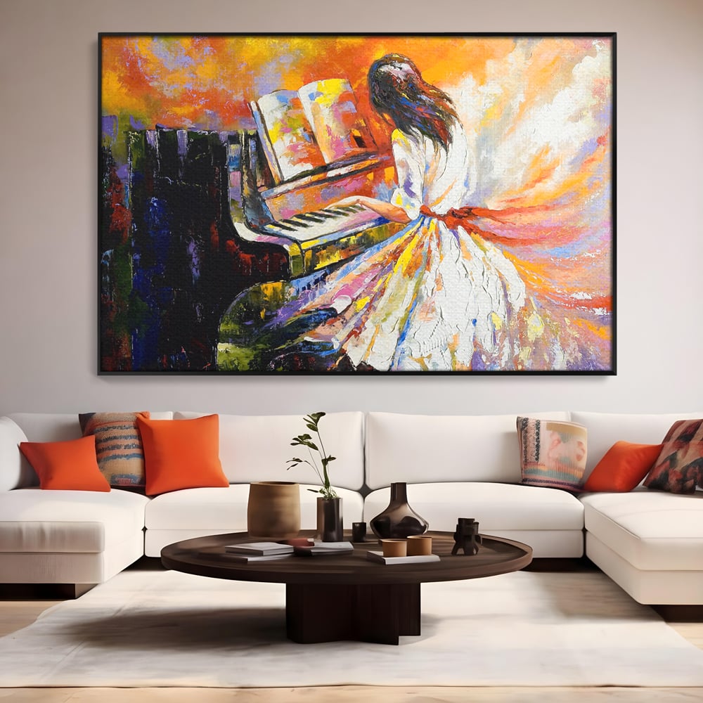 Tablou Canvas Premium LuxCanva® B1114, Fata Cantand La Pian , Muzica, Pian, Living, Portativ, Dormitor, Clape, Culori Vibrante