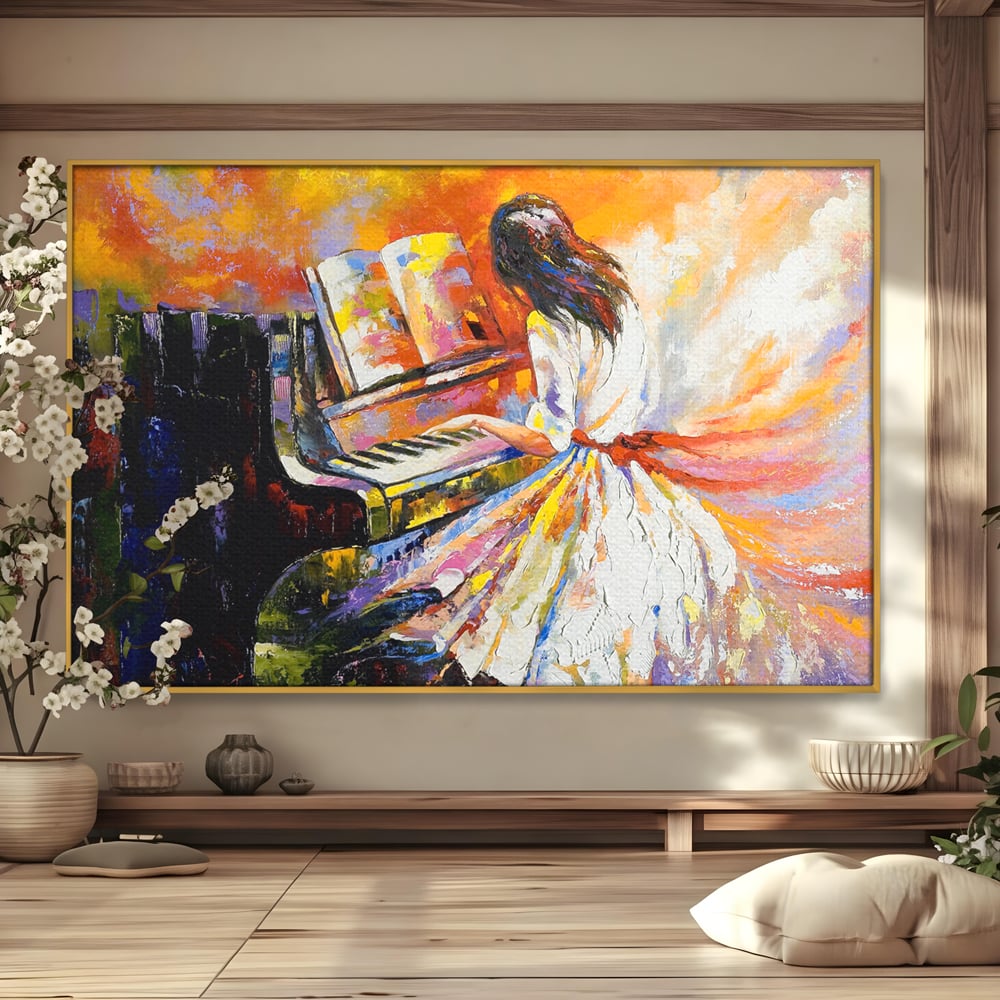 Tablou Canvas Premium LuxCanva® B1114, Fata Cantand La Pian , Muzica, Pian, Living, Portativ, Dormitor, Clape, Culori Vibrante