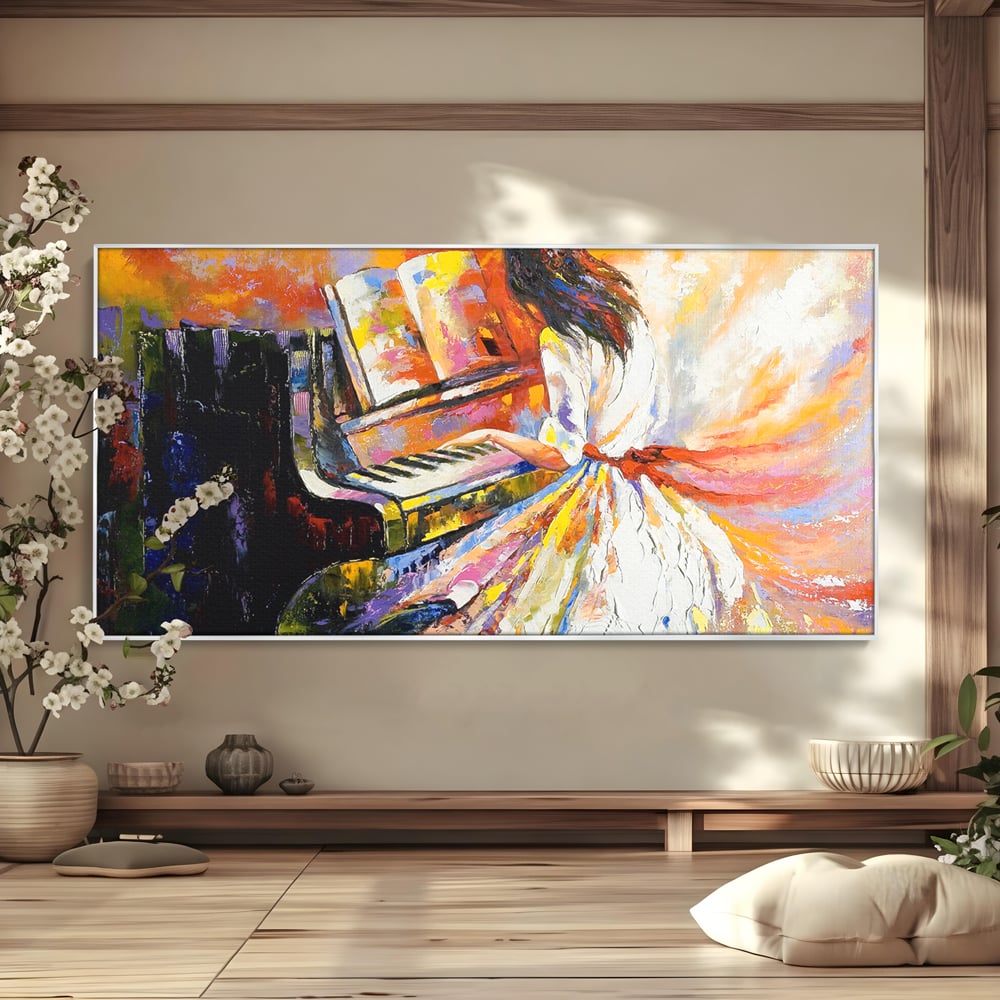 Tablou Canvas Premium LuxCanva® B1114, Fata Cantand La Pian , Muzica, Pian, Living, Portativ, Dormitor, Clape, Culori Vibrante