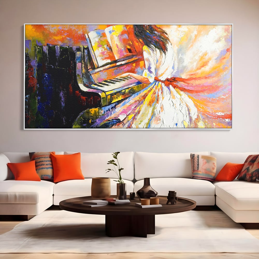 Tablou Canvas Premium LuxCanva® B1114, Fata Cantand La Pian , Muzica, Pian, Living, Portativ, Dormitor, Clape, Culori Vibrante