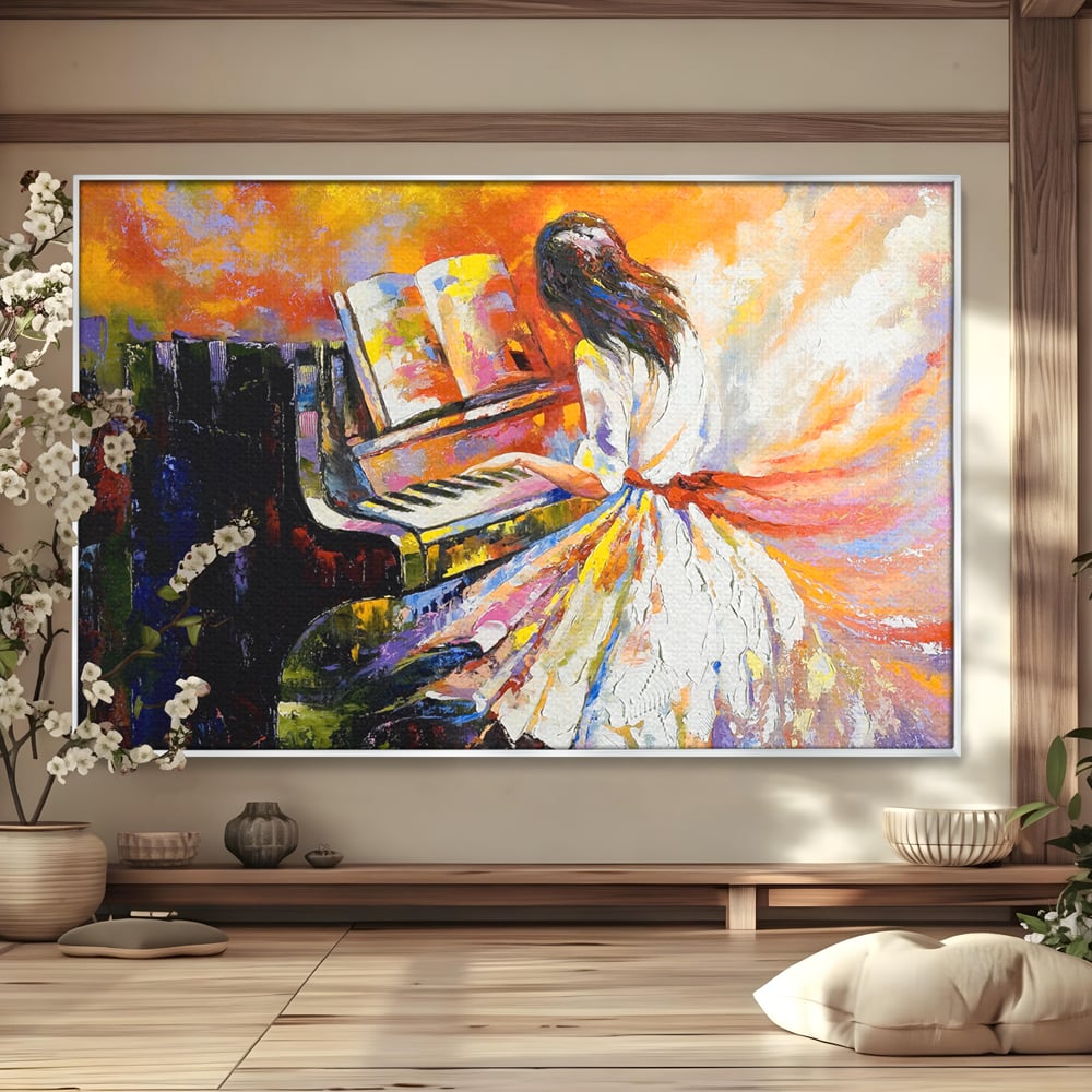 Tablou Canvas Premium LuxCanva® B1114, Fata Cantand La Pian , Muzica, Pian, Living, Portativ, Dormitor, Clape, Culori Vibrante