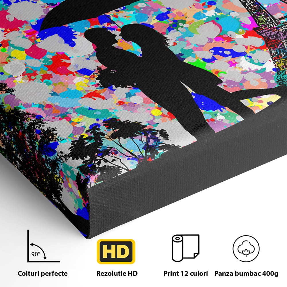 Tablou Canvas Premium LuxCanva® B1119, Love In Paris , Living, Paris, Umbrela, Indragostiti, Dormitor, Turnul Eiffel, Culori Vibrante