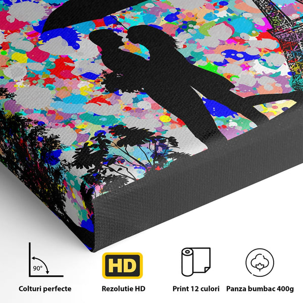 Tablou Canvas Premium LuxCanva® B1119, Love In Paris , Living, Paris, Umbrela, Indragostiti, Dormitor, Turnul Eiffel, Culori Vibrante