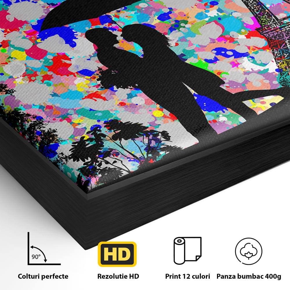 Tablou Canvas Premium LuxCanva® B1119, Love In Paris , Living, Paris, Umbrela, Indragostiti, Dormitor, Turnul Eiffel, Culori Vibrante