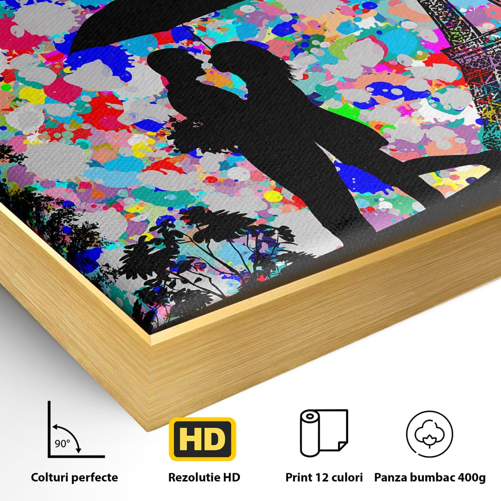 Tablou Canvas Premium LuxCanva® B1119, Love In Paris , Living, Paris, Umbrela, Indragostiti, Dormitor, Turnul Eiffel, Culori Vibrante