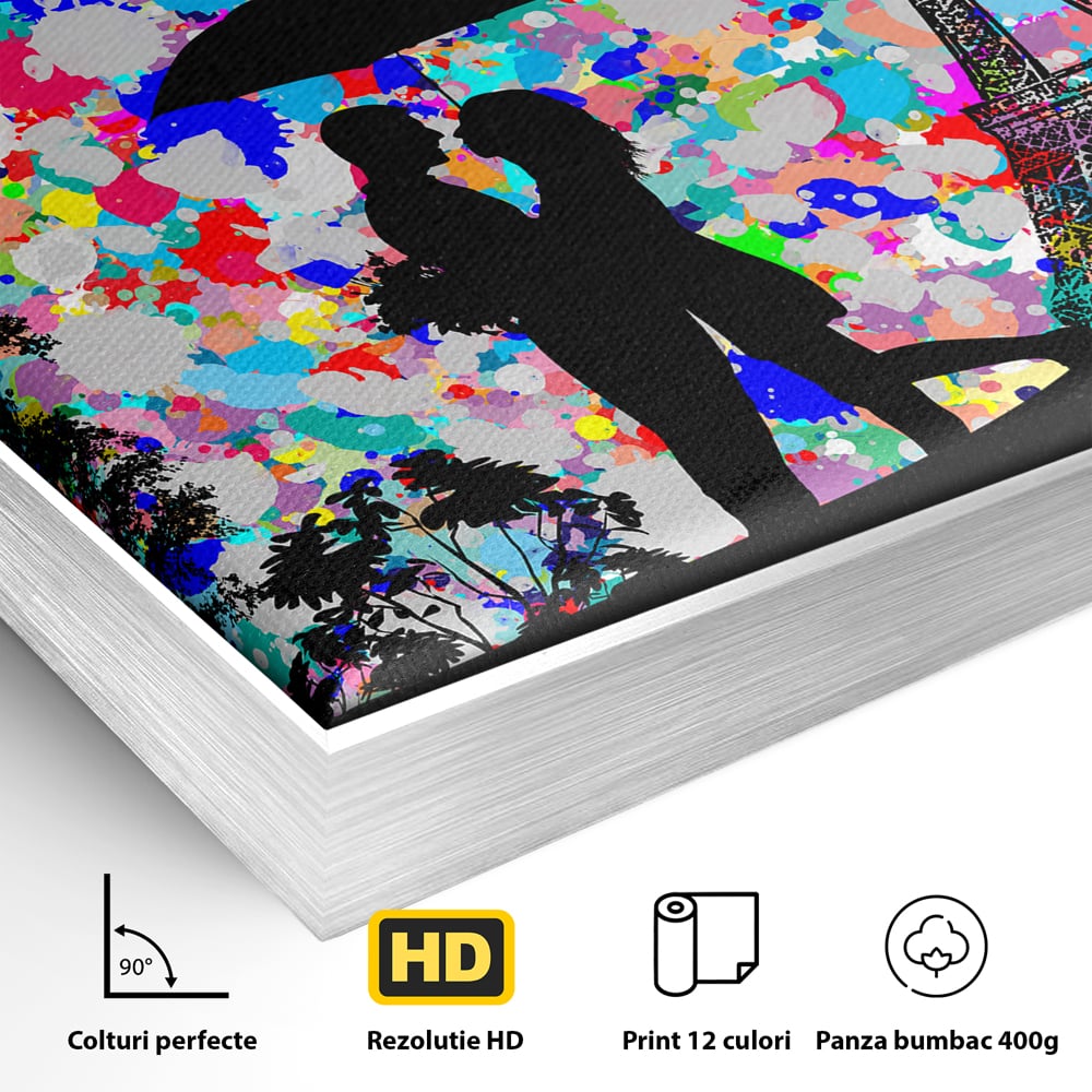 Tablou Canvas Premium LuxCanva® B1119, Love In Paris , Living, Paris, Umbrela, Indragostiti, Dormitor, Turnul Eiffel, Culori Vibrante