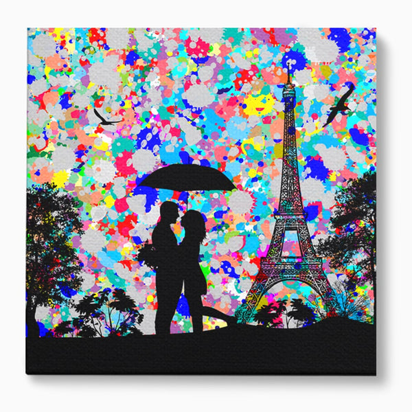 Tablou Canvas Premium LuxCanva® B1119, Love In Paris , Living, Paris, Umbrela, Indragostiti, Dormitor, Turnul Eiffel, Culori Vibrante