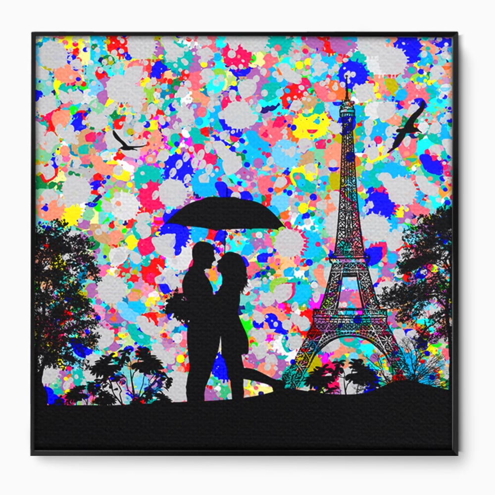 Tablou Canvas Premium LuxCanva® B1119, Love In Paris , Living, Paris, Umbrela, Indragostiti, Dormitor, Turnul Eiffel, Culori Vibrante