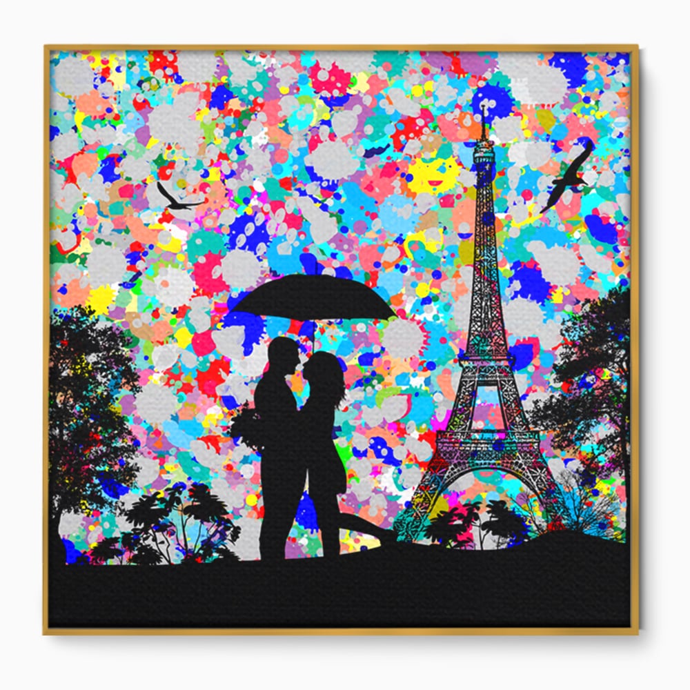 Tablou Canvas Premium LuxCanva® B1119, Love In Paris , Living, Paris, Umbrela, Indragostiti, Dormitor, Turnul Eiffel, Culori Vibrante