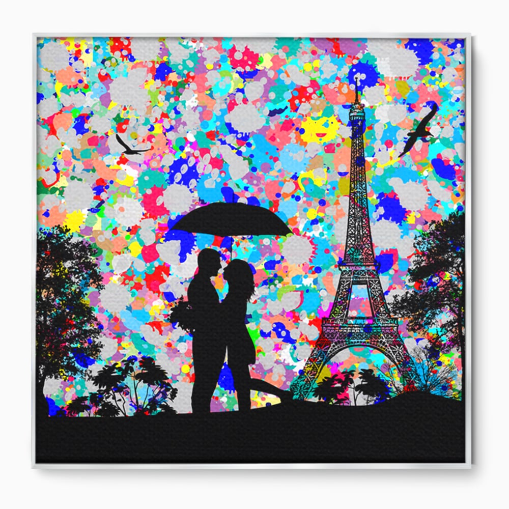 Tablou Canvas Premium LuxCanva® B1119, Love In Paris , Living, Paris, Umbrela, Indragostiti, Dormitor, Turnul Eiffel, Culori Vibrante