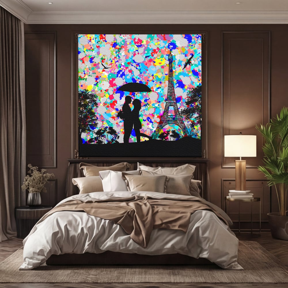 Tablou Canvas Premium LuxCanva® B1119, Love In Paris , Living, Paris, Umbrela, Indragostiti, Dormitor, Turnul Eiffel, Culori Vibrante
