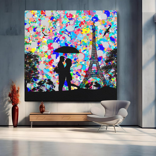 Tablou Canvas Premium LuxCanva® B1119, Love In Paris , Living, Paris, Umbrela, Indragostiti, Dormitor, Turnul Eiffel, Culori Vibrante
