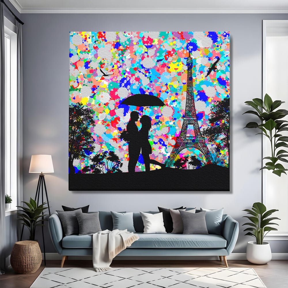 Tablou Canvas Premium LuxCanva® B1119, Love In Paris , Living, Paris, Umbrela, Indragostiti, Dormitor, Turnul Eiffel, Culori Vibrante