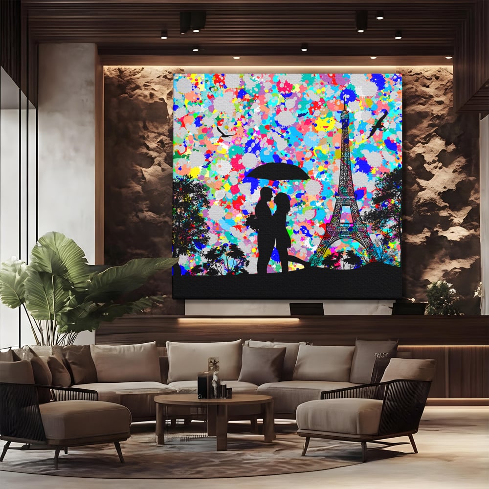 Tablou Canvas Premium LuxCanva® B1119, Love In Paris , Living, Paris, Umbrela, Indragostiti, Dormitor, Turnul Eiffel, Culori Vibrante