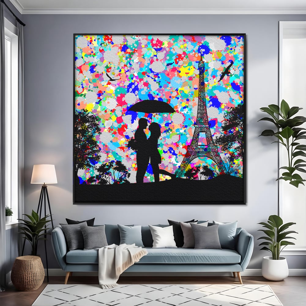 Tablou Canvas Premium LuxCanva® B1119, Love In Paris , Living, Paris, Umbrela, Indragostiti, Dormitor, Turnul Eiffel, Culori Vibrante