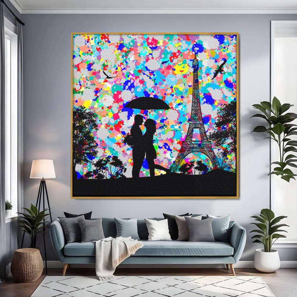 Tablou Canvas Premium LuxCanva® B1119, Love In Paris , Living, Paris, Umbrela, Indragostiti, Dormitor, Turnul Eiffel, Culori Vibrante