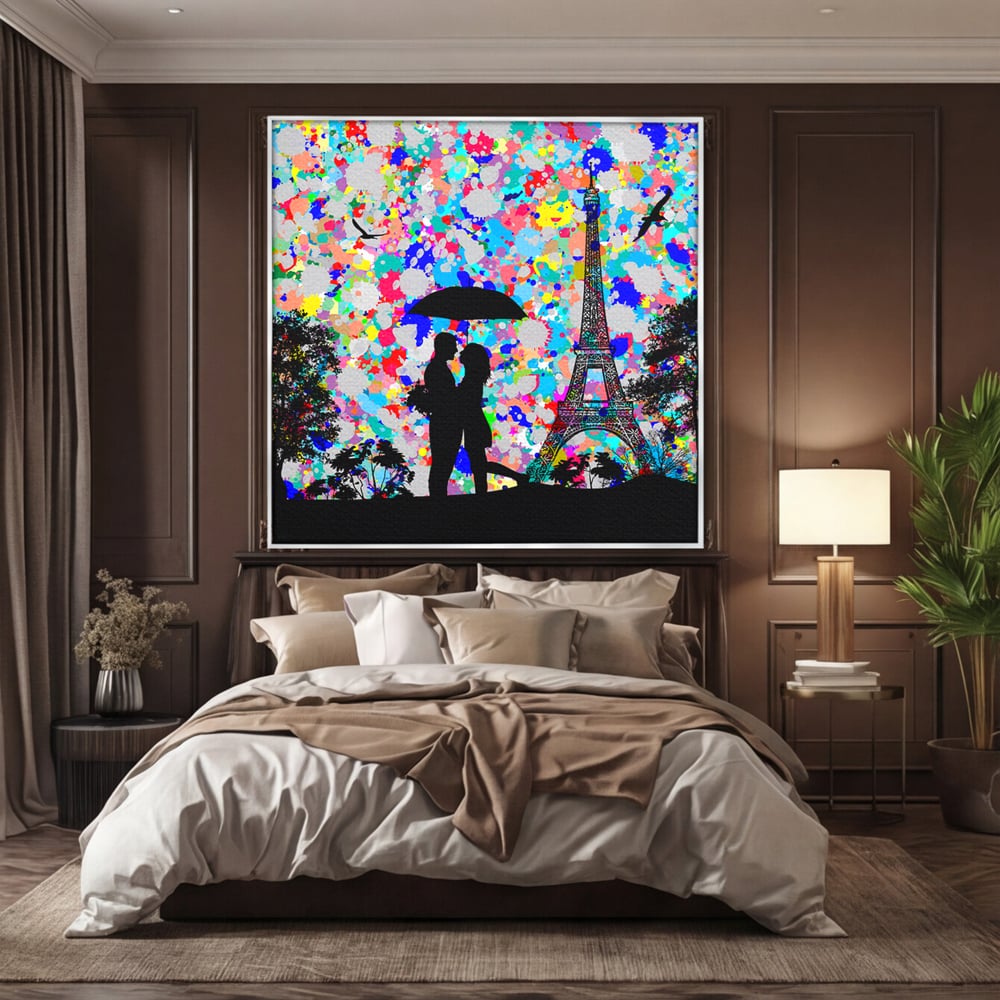 Tablou Canvas Premium LuxCanva® B1119, Love In Paris , Living, Paris, Umbrela, Indragostiti, Dormitor, Turnul Eiffel, Culori Vibrante
