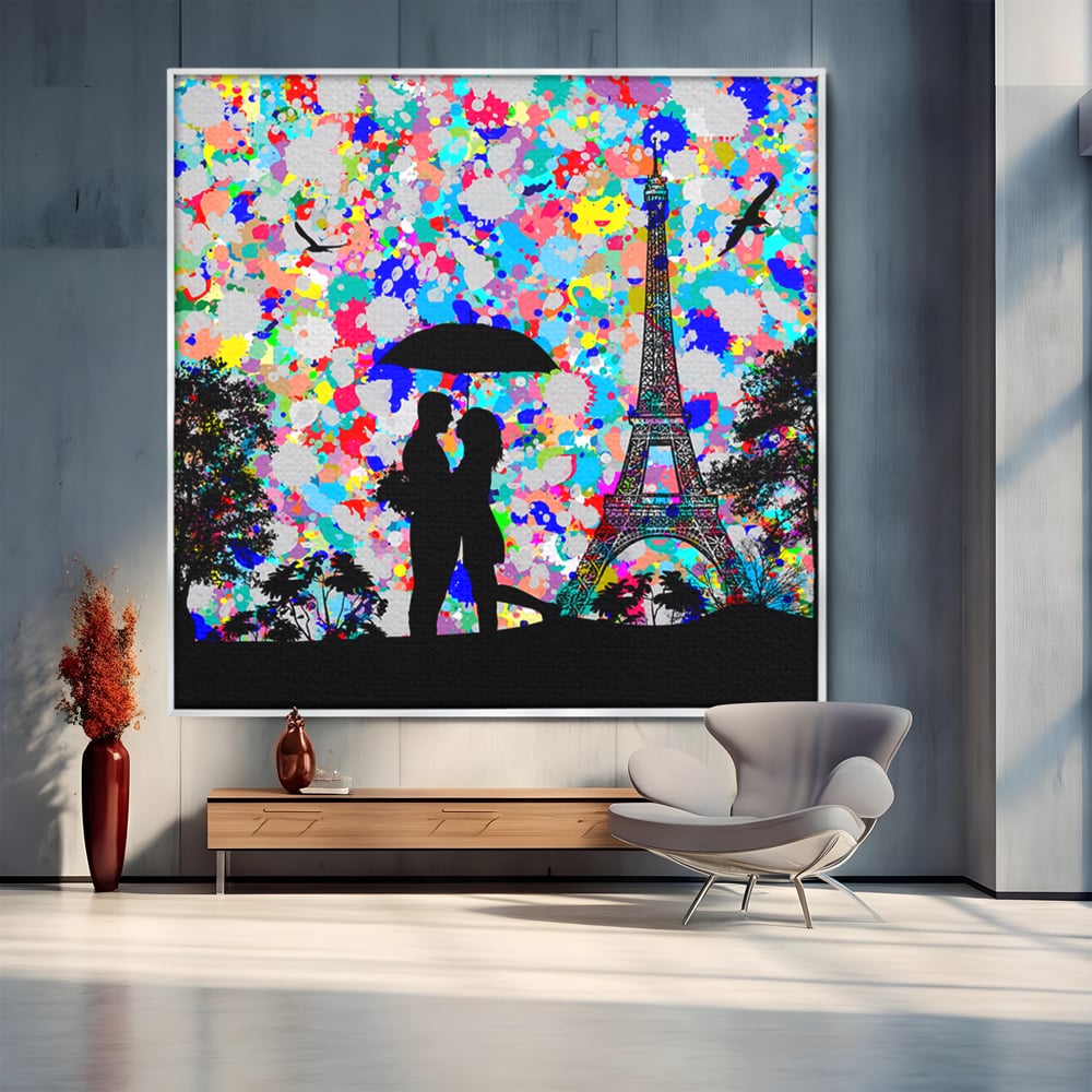 Tablou Canvas Premium LuxCanva® B1119, Love In Paris , Living, Paris, Umbrela, Indragostiti, Dormitor, Turnul Eiffel, Culori Vibrante