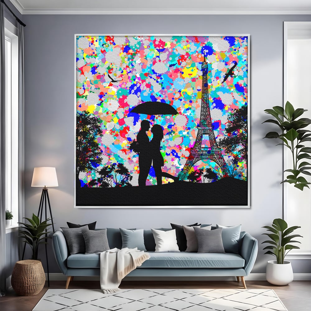 Tablou Canvas Premium LuxCanva® B1119, Love In Paris , Living, Paris, Umbrela, Indragostiti, Dormitor, Turnul Eiffel, Culori Vibrante