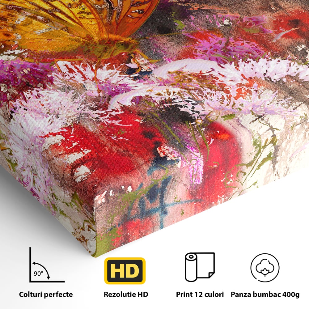 Tablou Canvas Premium LuxCanva® B1121, Flori Si Fluturi ,  Culori, Living, Flori, Mireasma, Dormitor, Fluture, Primavara, Culori Vibrante