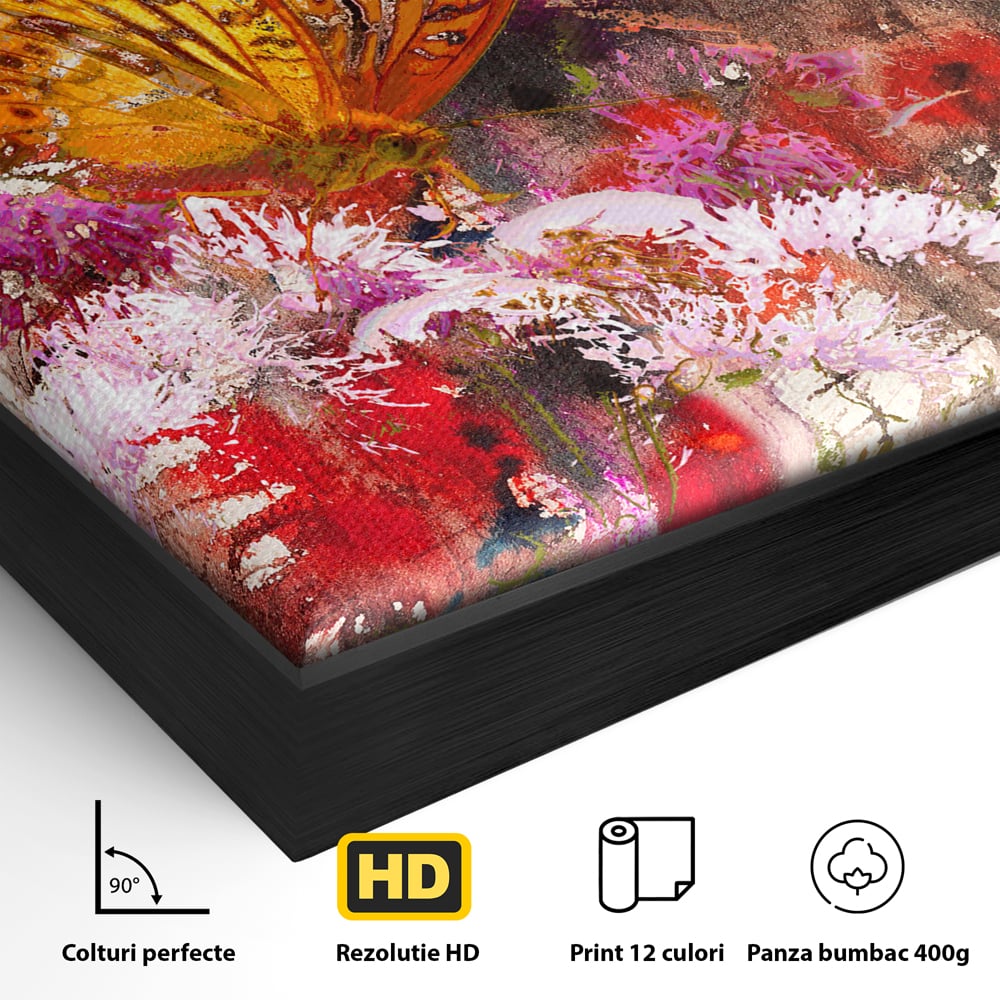Tablou Canvas Premium LuxCanva® B1121, Flori Si Fluturi ,  Culori, Living, Flori, Mireasma, Dormitor, Fluture, Primavara, Culori Vibrante