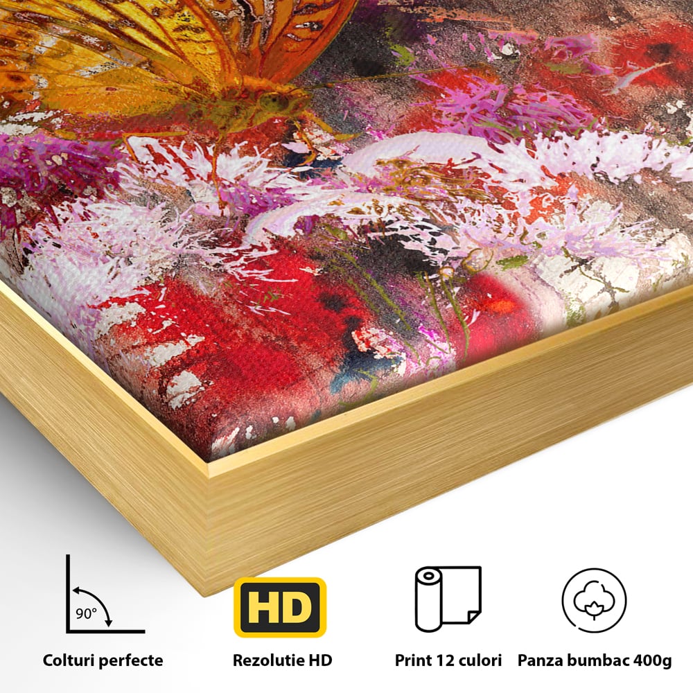 Tablou Canvas Premium LuxCanva® B1121, Flori Si Fluturi ,  Culori, Living, Flori, Mireasma, Dormitor, Fluture, Primavara, Culori Vibrante
