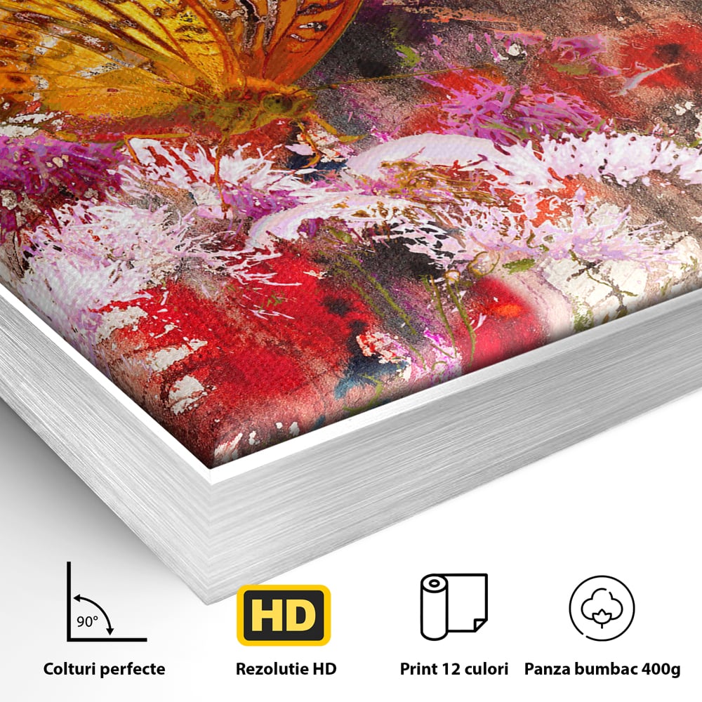 Tablou Canvas Premium LuxCanva® B1121, Flori Si Fluturi ,  Culori, Living, Flori, Mireasma, Dormitor, Fluture, Primavara, Culori Vibrante