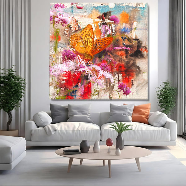 Tablou Canvas Premium LuxCanva® B1121, Flori Si Fluturi ,  Culori, Living, Flori, Mireasma, Dormitor, Fluture, Primavara, Culori Vibrante