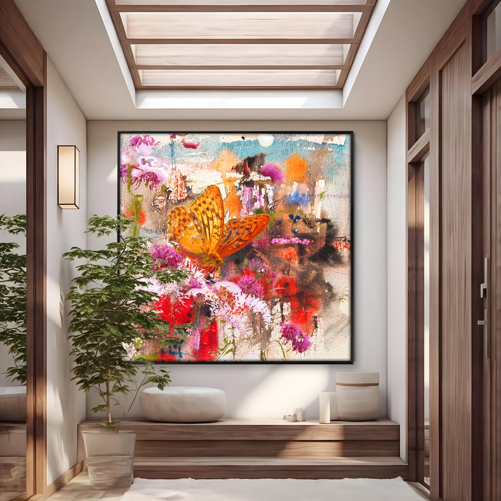 Tablou Canvas Premium LuxCanva® B1121, Flori Si Fluturi ,  Culori, Living, Flori, Mireasma, Dormitor, Fluture, Primavara, Culori Vibrante