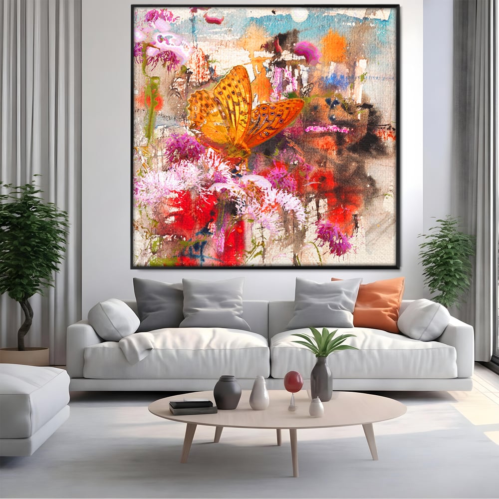 Tablou Canvas Premium LuxCanva® B1121, Flori Si Fluturi ,  Culori, Living, Flori, Mireasma, Dormitor, Fluture, Primavara, Culori Vibrante