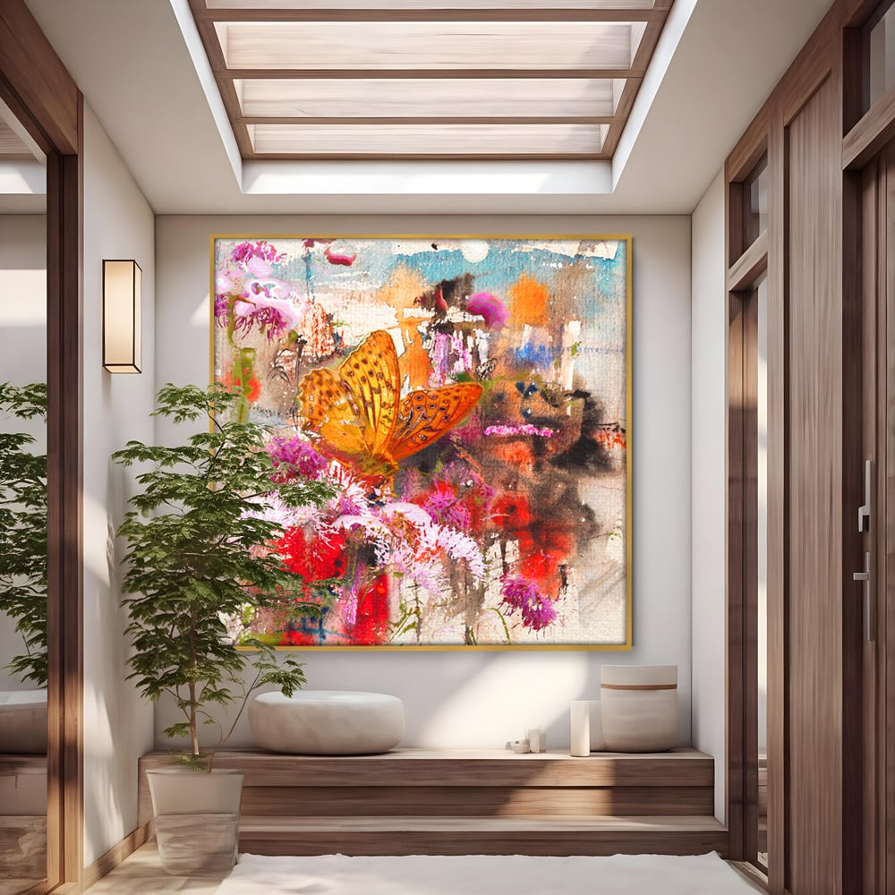 Tablou Canvas Premium LuxCanva® B1121, Flori Si Fluturi ,  Culori, Living, Flori, Mireasma, Dormitor, Fluture, Primavara, Culori Vibrante