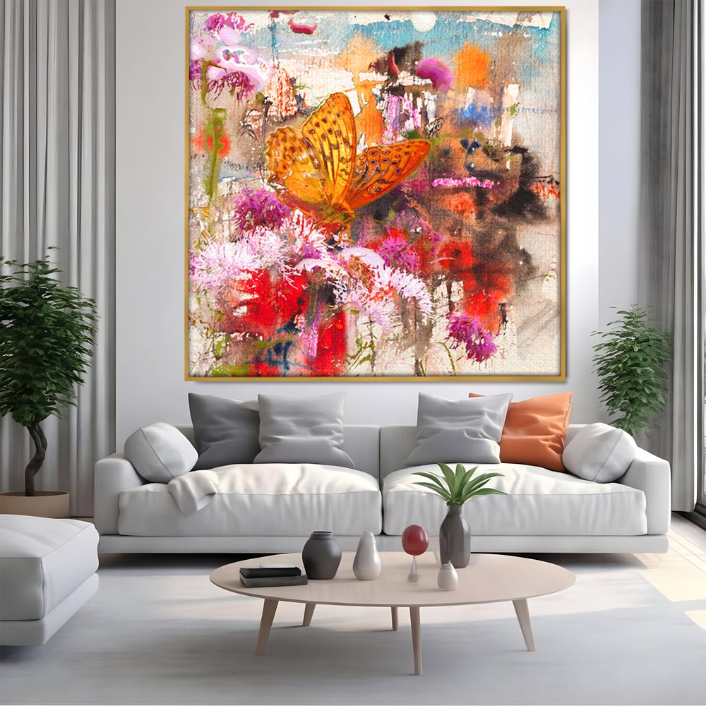 Tablou Canvas Premium LuxCanva® B1121, Flori Si Fluturi ,  Culori, Living, Flori, Mireasma, Dormitor, Fluture, Primavara, Culori Vibrante