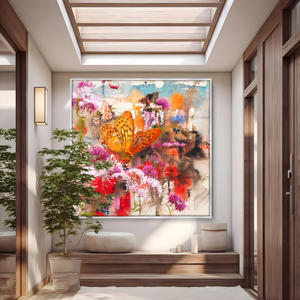 Tablou Canvas Premium LuxCanva® B1121, Flori Si Fluturi ,  Culori, Living, Flori, Mireasma, Dormitor, Fluture, Primavara, Culori Vibrante