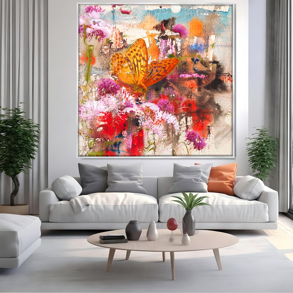 Tablou Canvas Premium LuxCanva® B1121, Flori Si Fluturi ,  Culori, Living, Flori, Mireasma, Dormitor, Fluture, Primavara, Culori Vibrante