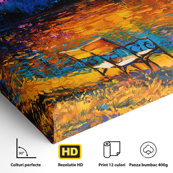 Leinwandbilder Premium LuxCanva® B1127, Sonnenuntergang am See, Farben, See, Bank, Wohnzimmer, Sonnenuntergang, Inspirierend, Schlafzimmer, Lebendige Farben