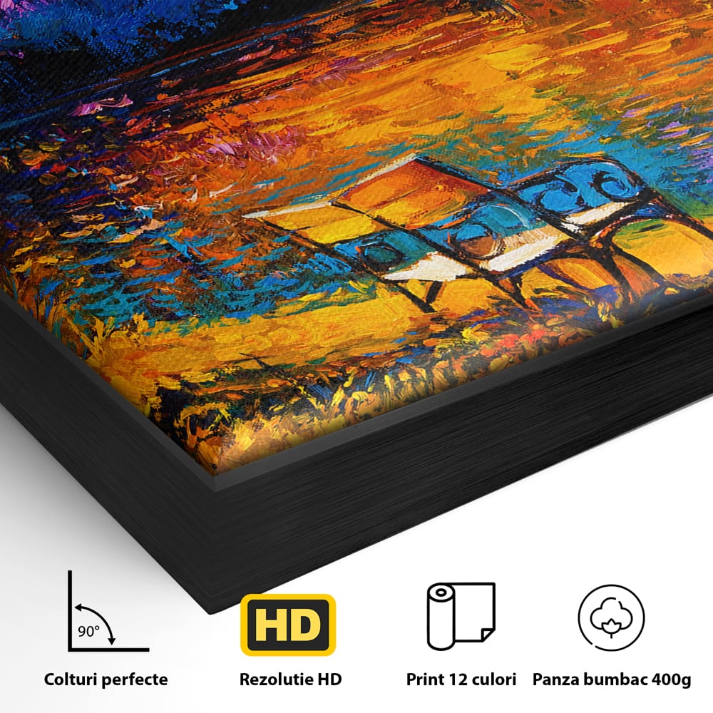 Tablou Canvas Premium LuxCanva® B1127, Apus Pe Lac , Culori, Lac, Banca, Living Room, Apus, Inspirational, Dormitor, Culori Vibrante