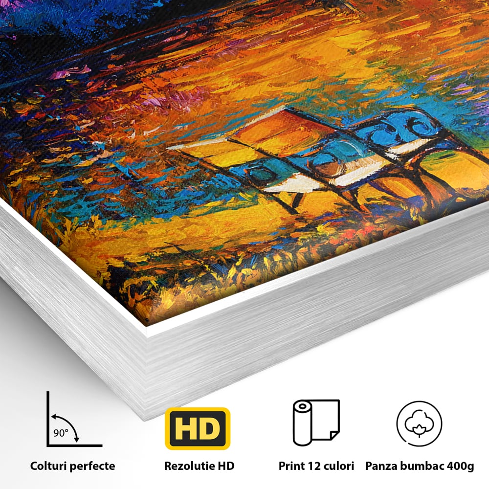 Tablou Canvas Premium LuxCanva® B1127, Apus Pe Lac , Culori, Lac, Banca, Living Room, Apus, Inspirational, Dormitor, Culori Vibrante