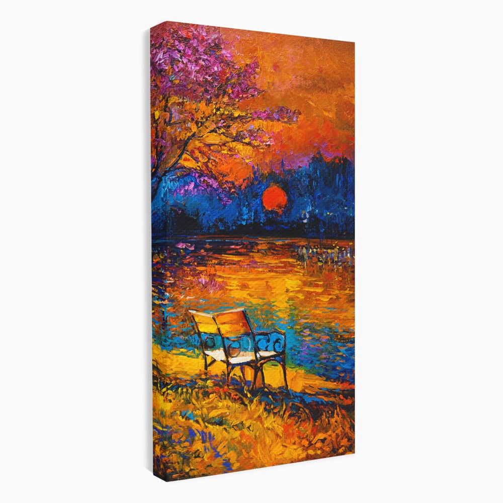 Tablou Canvas Premium LuxCanva® B1127, Apus Pe Lac , Culori, Lac, Banca, Living Room, Apus, Inspirational, Dormitor, Culori Vibrante