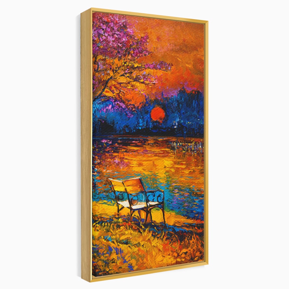 Tablou Canvas Premium LuxCanva® B1127, Apus Pe Lac , Culori, Lac, Banca, Living Room, Apus, Inspirational, Dormitor, Culori Vibrante