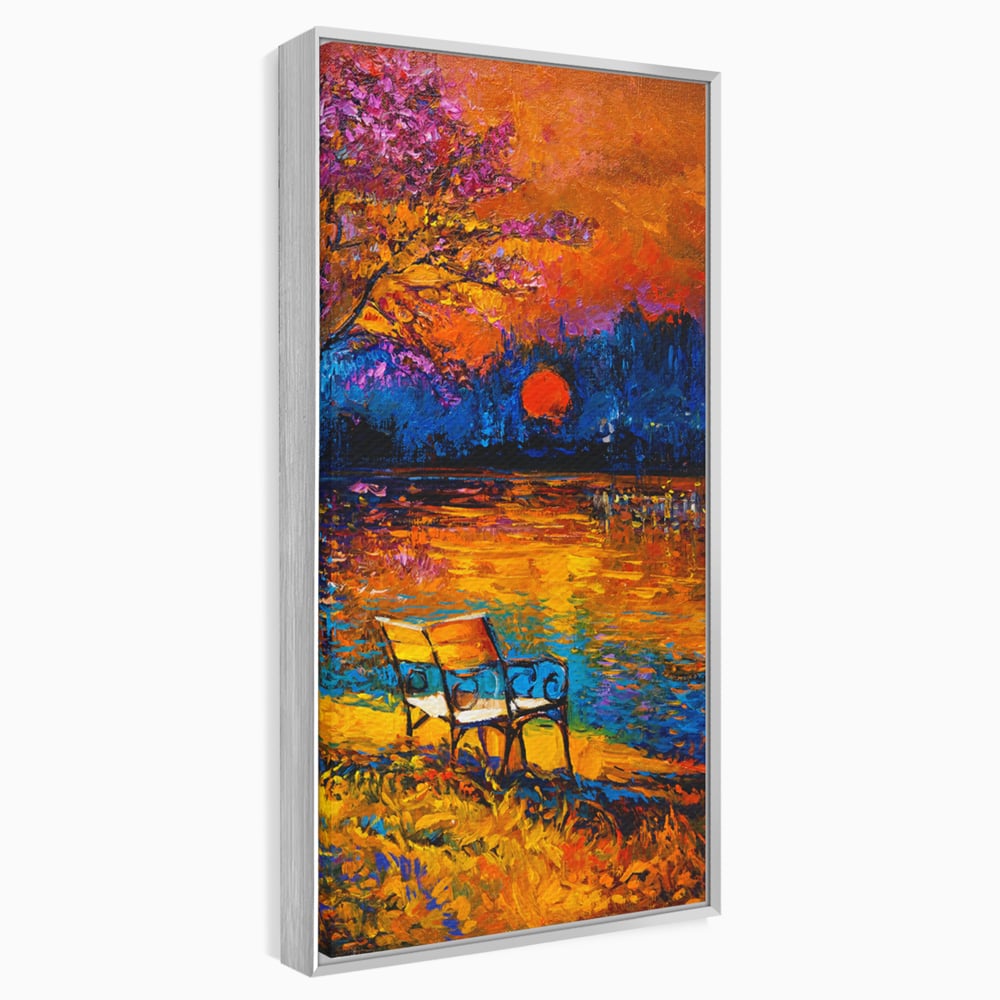 Tablou Canvas Premium LuxCanva® B1127, Apus Pe Lac , Culori, Lac, Banca, Living Room, Apus, Inspirational, Dormitor, Culori Vibrante