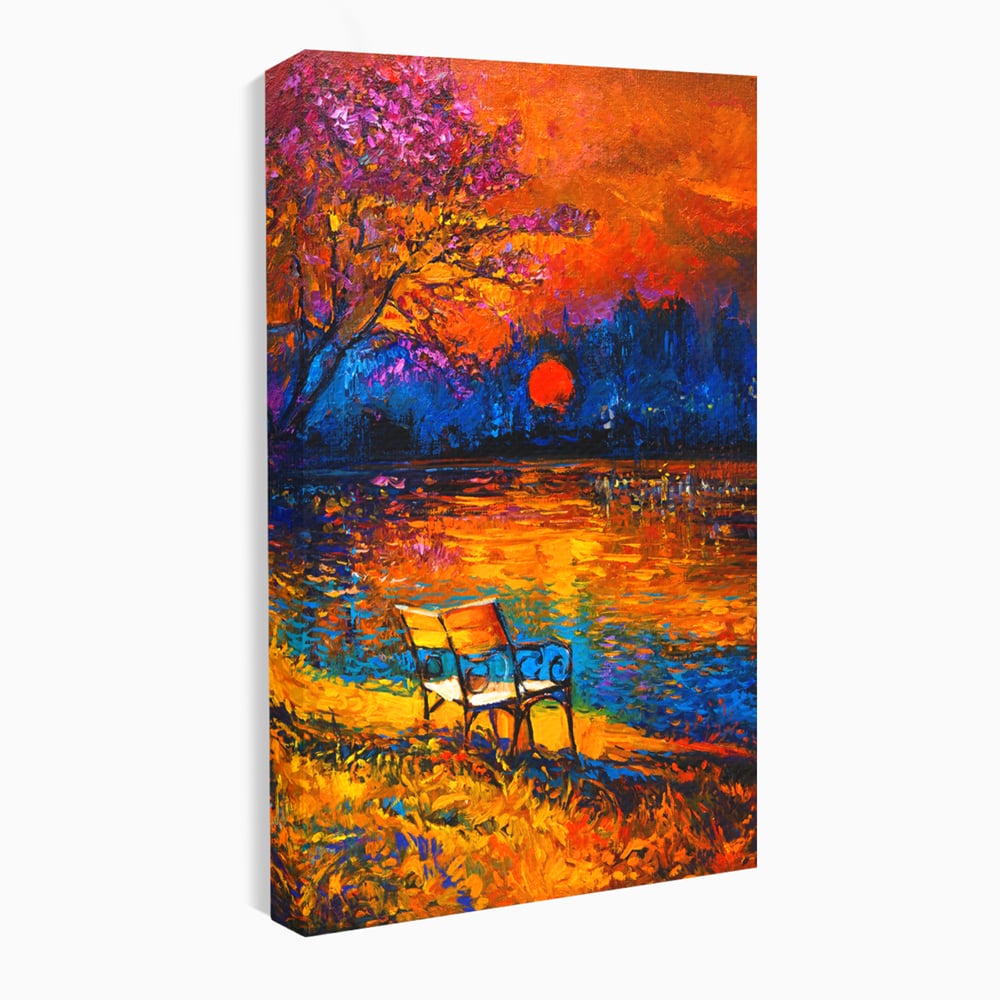 Leinwandbilder Premium LuxCanva® B1127, Sonnenuntergang am See, Farben, See, Bank, Wohnzimmer, Sonnenuntergang, Inspirierend, Schlafzimmer, Lebendige Farben