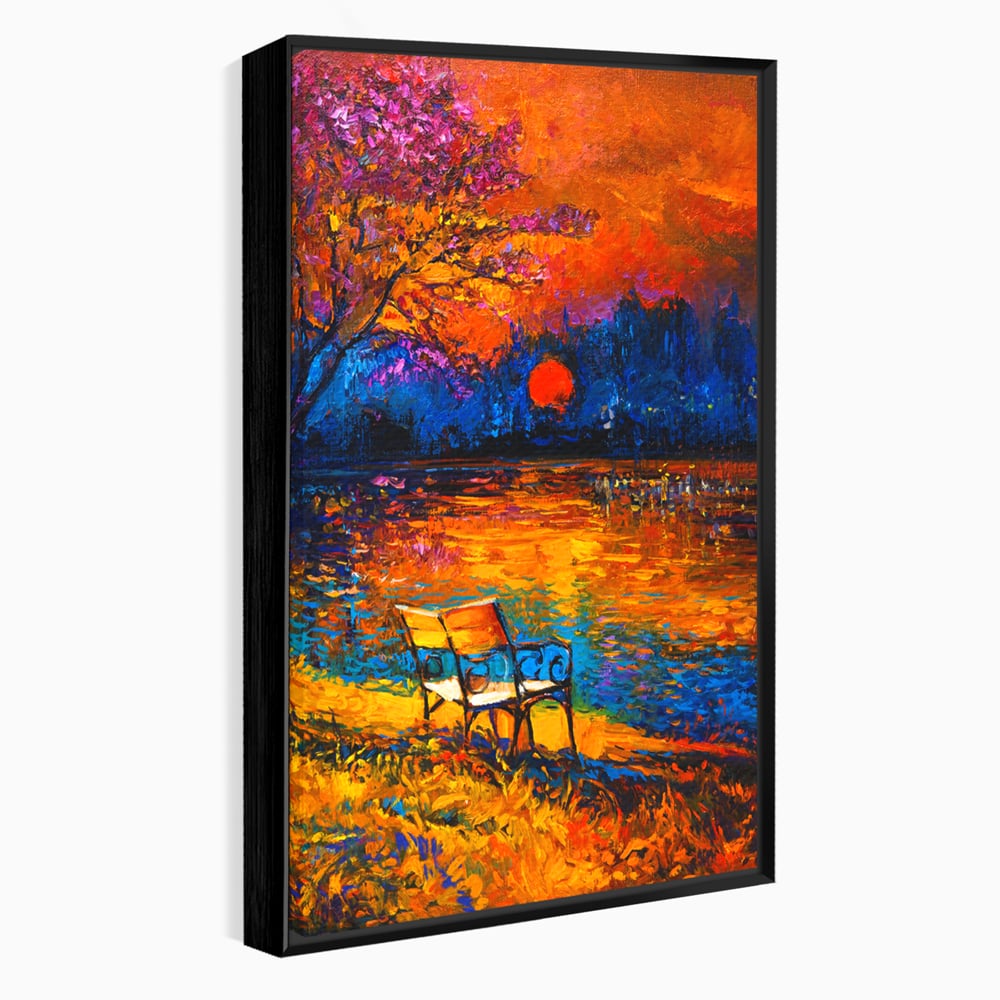 Tablou Canvas Premium LuxCanva® B1127, Apus Pe Lac , Culori, Lac, Banca, Living Room, Apus, Inspirational, Dormitor, Culori Vibrante