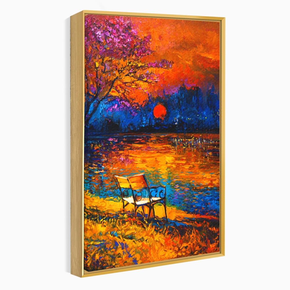 Tablou Canvas Premium LuxCanva® B1127, Apus Pe Lac , Culori, Lac, Banca, Living Room, Apus, Inspirational, Dormitor, Culori Vibrante