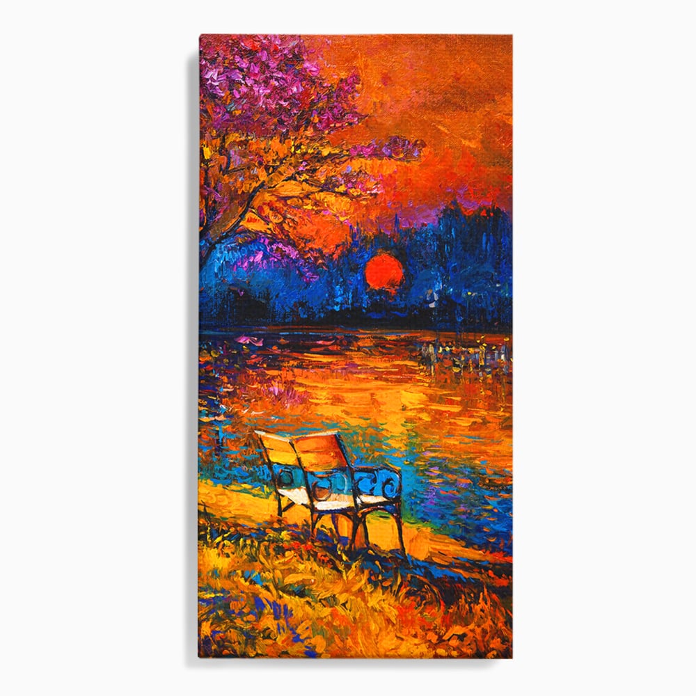 Tablou Canvas Premium LuxCanva® B1127, Apus Pe Lac , Culori, Lac, Banca, Living Room, Apus, Inspirational, Dormitor, Culori Vibrante