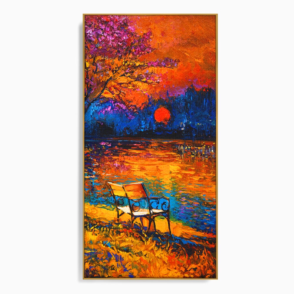 Tablou Canvas Premium LuxCanva® B1127, Apus Pe Lac , Culori, Lac, Banca, Living Room, Apus, Inspirational, Dormitor, Culori Vibrante