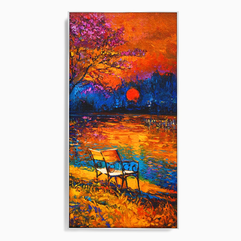 Tablou Canvas Premium LuxCanva® B1127, Apus Pe Lac , Culori, Lac, Banca, Living Room, Apus, Inspirational, Dormitor, Culori Vibrante